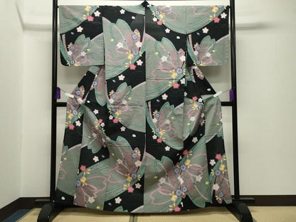 平和屋着物∴夏物　綿紅梅　浴衣　舞桜文　黒地　綿　逸品　CABG4073gh