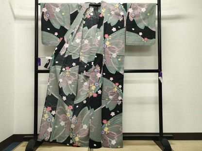 平和屋着物∴夏物　綿紅梅　浴衣　舞桜文　黒地　綿　逸品　CABG4073gh