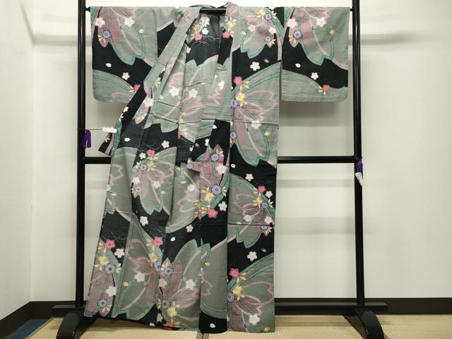 平和屋着物∴夏物　綿紅梅　浴衣　舞桜文　黒地　綿　逸品　CABG4073gh