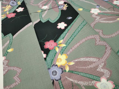 平和屋着物∴夏物　綿紅梅　浴衣　舞桜文　黒地　綿　逸品　CABG4073gh