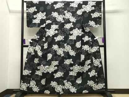 平和屋着物∴夏物 綿紅梅 浴衣 草花文 黒地 綿 逸品 CABG4106gh