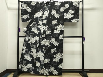 平和屋着物∴夏物 綿紅梅 浴衣 草花文 黒地 綿 逸品 CABG4106gh