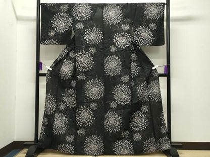 平和屋着物∴夏物 綿紅梅 浴衣 乱菊花文 黒地 金彩 綿 逸品 CABG4110gh