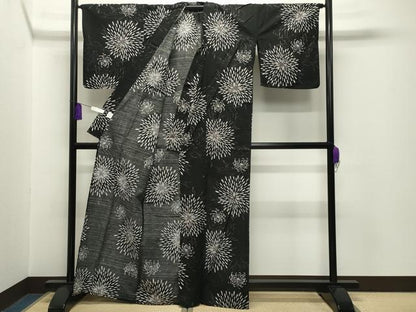 平和屋着物∴夏物 綿紅梅 浴衣 乱菊花文 黒地 金彩 綿 逸品 CABG4110gh