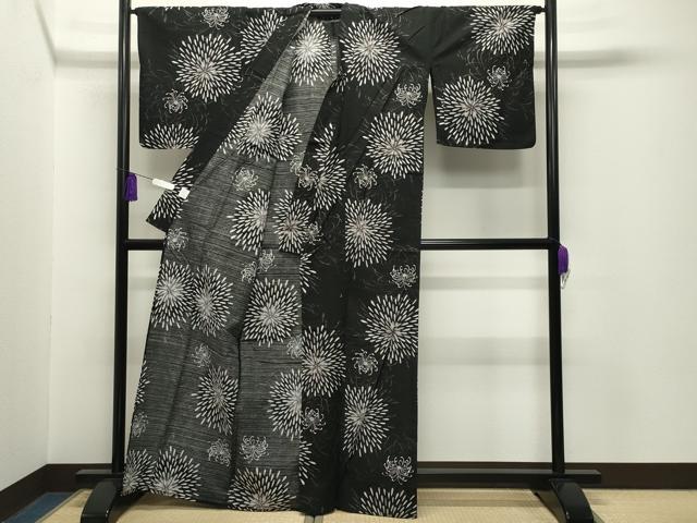 平和屋着物∴夏物 綿紅梅 浴衣 乱菊花文 黒地 金彩 綿 逸品 CABG4110gh