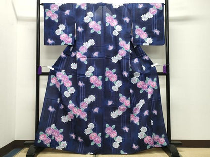平和屋着物∴夏物　綿紅梅　浴衣　矢羽根舞蝶花文　綿　逸品　CABG4112gh