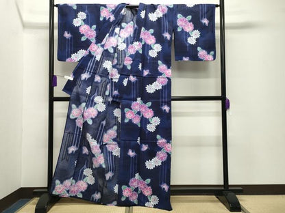 平和屋着物∴夏物　綿紅梅　浴衣　矢羽根舞蝶花文　綿　逸品　CABG4112gh