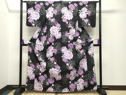 平和屋着物∴夏物　浴衣・小紋兼用　牡丹花文　黒地　銀彩　CABG4114gh