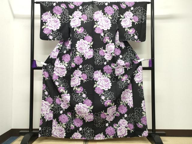 平和屋着物∴夏物　浴衣・小紋兼用　牡丹花文　黒地　銀彩　CABG4114gh