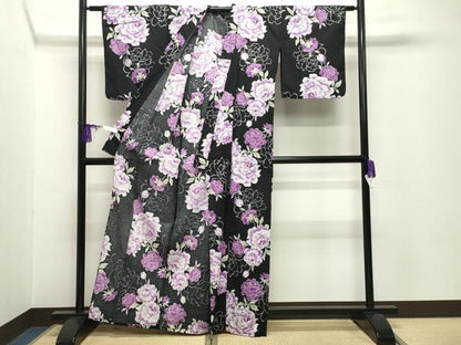 平和屋着物∴夏物　浴衣・小紋兼用　牡丹花文　黒地　銀彩　CABG4114gh