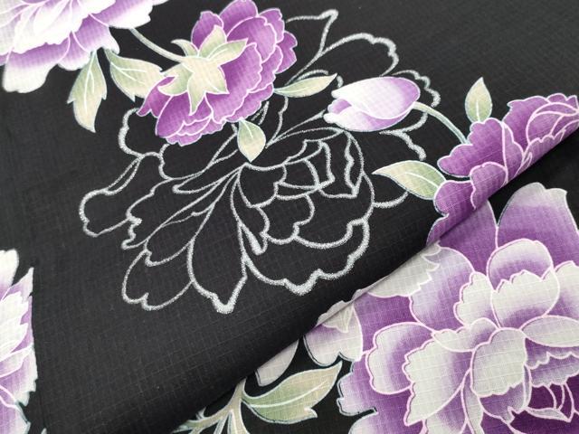 平和屋着物∴夏物　浴衣・小紋兼用　牡丹花文　黒地　銀彩　CABG4114gh