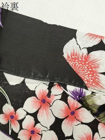 平和屋着物∴夏物　浴衣　斜線花文　黒地　綿　逸品　CABG4117gh