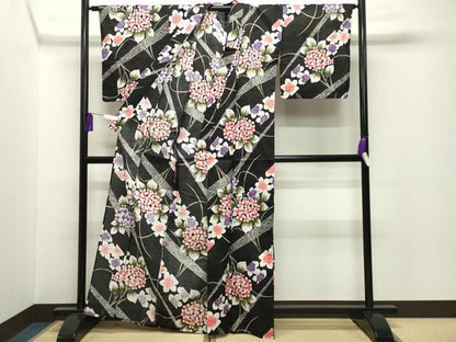 平和屋着物∴夏物　浴衣　斜線花文　黒地　綿　逸品　CABG4117gh