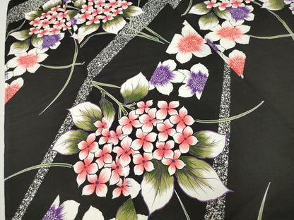 平和屋着物∴夏物　浴衣　斜線花文　黒地　綿　逸品　CABG4117gh