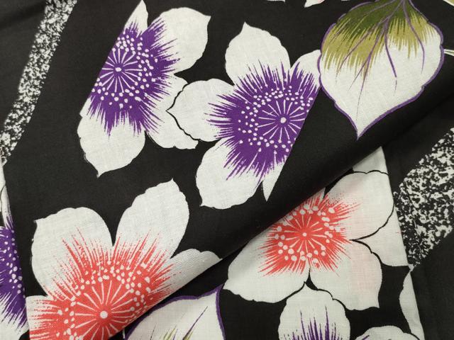 平和屋着物∴夏物　浴衣　斜線花文　黒地　綿　逸品　CABG4117gh