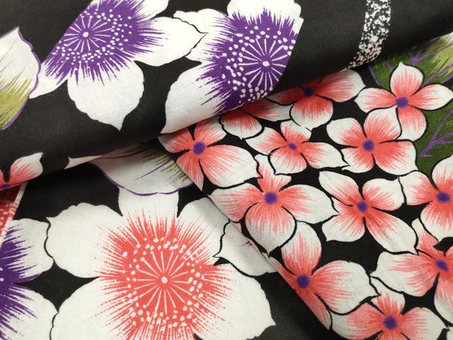 平和屋着物∴夏物　浴衣　斜線花文　黒地　綿　逸品　CABG4117gh