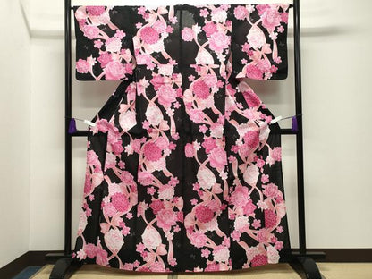 平和屋着物∴夏物 綿紅梅 浴衣 リボン 舞花文 黒地 銀彩 綿 逸品 CABG4119gh