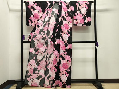 平和屋着物∴夏物 綿紅梅 浴衣 リボン 舞花文 黒地 銀彩 綿 逸品 CABG4119gh