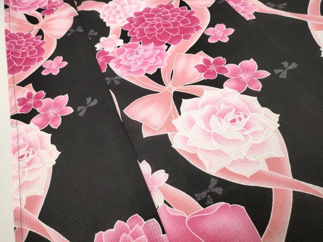 平和屋着物∴夏物 綿紅梅 浴衣 リボン 舞花文 黒地 銀彩 綿 逸品 CABG4119gh