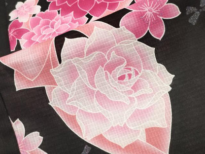 平和屋着物∴夏物 綿紅梅 浴衣 リボン 舞花文 黒地 銀彩 綿 逸品 CABG4119gh