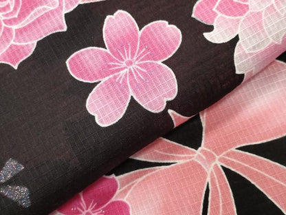 平和屋着物∴夏物 綿紅梅 浴衣 リボン 舞花文 黒地 銀彩 綿 逸品 CABG4119gh