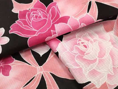 平和屋着物∴夏物 綿紅梅 浴衣 リボン 舞花文 黒地 銀彩 綿 逸品 CABG4119gh