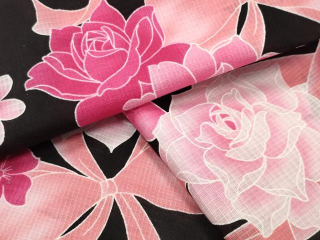 平和屋着物∴夏物 綿紅梅 浴衣 リボン 舞花文 黒地 銀彩 綿 逸品 CABG4119gh