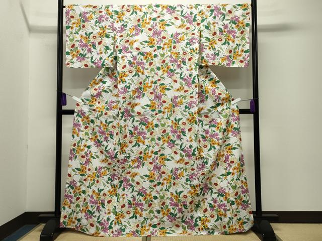 平和屋着物∴夏物　ファッションデザイナー 花井幸子　浴衣　草花文　綿　逸品　CABG4128gh