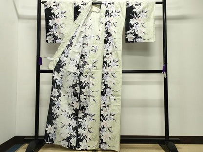 平和屋着物∴夏物 浴衣 草花間道 黒地 綿 逸品 CABG4129gh