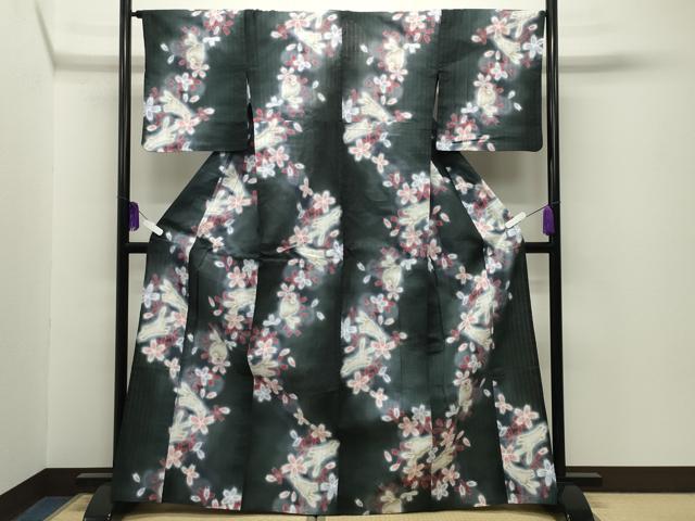 平和屋着物∴夏物 浴衣 跳兎 舞桜文 暈し染め 黒地 綿 逸品 CABG4133gh