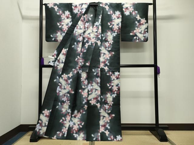 平和屋着物∴夏物 浴衣 跳兎 舞桜文 暈し染め 黒地 綿 逸品 CABG4133gh