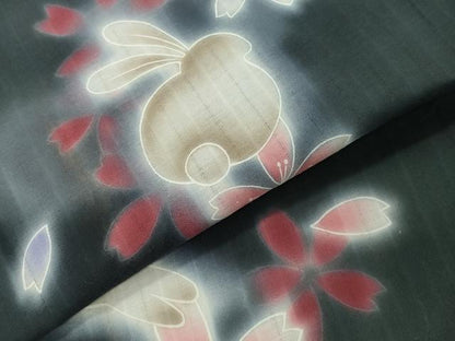 平和屋着物∴夏物 浴衣 跳兎 舞桜文 暈し染め 黒地 綿 逸品 CABG4133gh