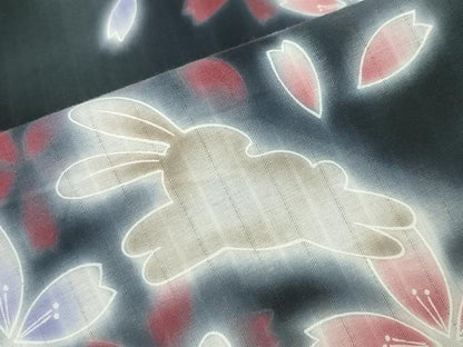 平和屋着物∴夏物 浴衣 跳兎 舞桜文 暈し染め 黒地 綿 逸品 CABG4133gh