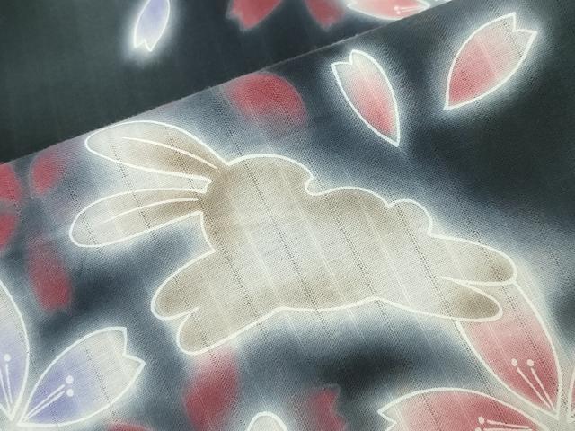 平和屋着物∴夏物 浴衣 跳兎 舞桜文 暈し染め 黒地 綿 逸品 CABG4133gh