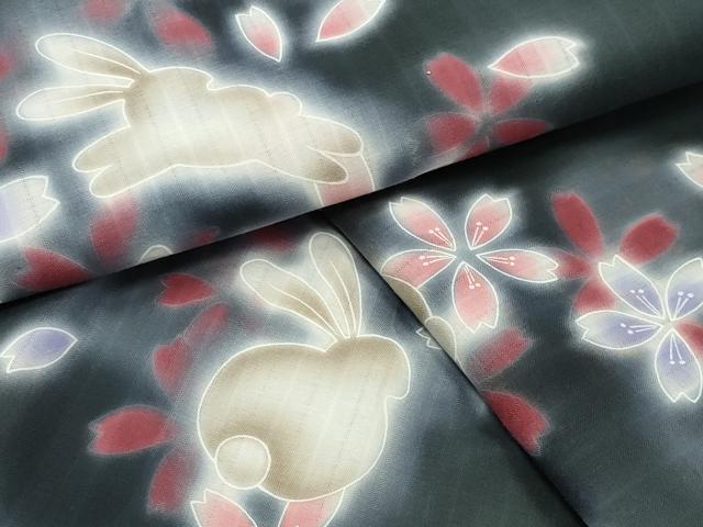 平和屋着物∴夏物 浴衣 跳兎 舞桜文 暈し染め 黒地 綿 逸品 CABG4133gh