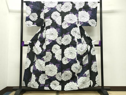 平和屋着物∴夏物　浴衣　牡丹花文　黒地　綿　逸品　CABG4134gh