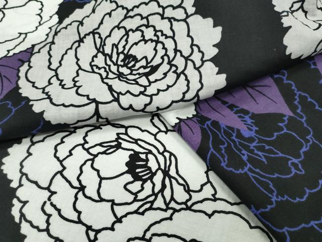 平和屋着物∴夏物　浴衣　牡丹花文　黒地　綿　逸品　CABG4134gh