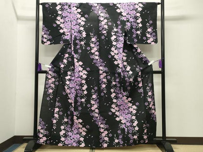 平和屋着物∴夏物 浴衣 舞桜文 黒地 綿 逸品 CABG4136gh