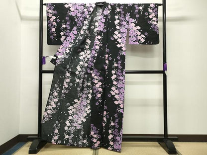 平和屋着物∴夏物 浴衣 舞桜文 黒地 綿 逸品 CABG4136gh