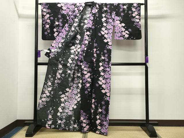 平和屋着物∴夏物 浴衣 舞桜文 黒地 綿 逸品 CABG4136gh