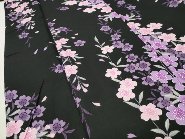 平和屋着物∴夏物 浴衣 舞桜文 黒地 綿 逸品 CABG4136gh