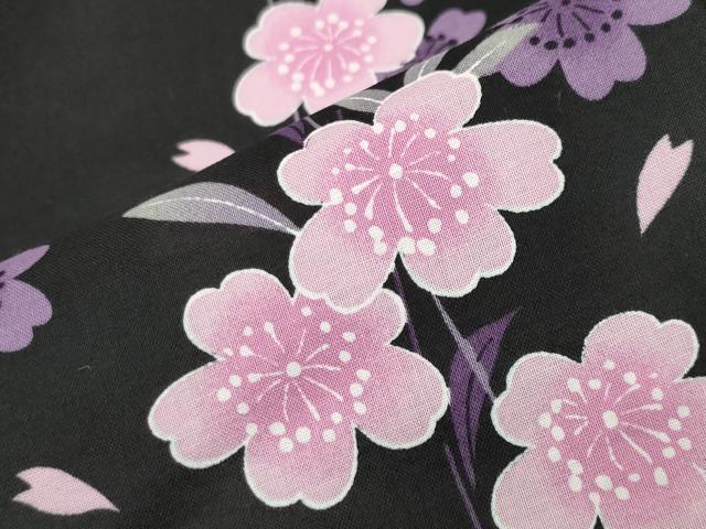 平和屋着物∴夏物 浴衣 舞桜文 黒地 綿 逸品 CABG4136gh