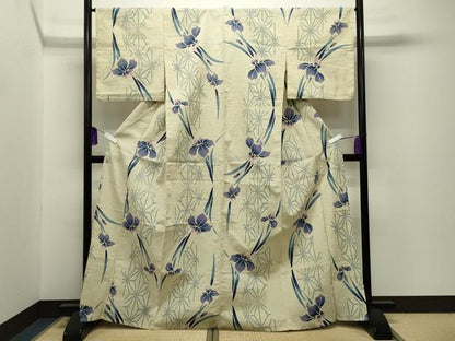 平和屋着物∴夏物 浴衣 杜若 麻の葉文様 綿 逸品 CABG4137gh