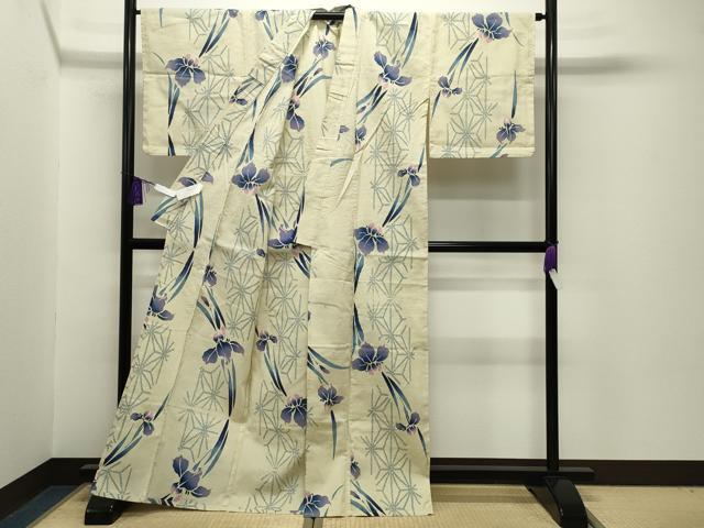 平和屋着物∴夏物 浴衣 杜若 麻の葉文様 綿 逸品 CABG4137gh