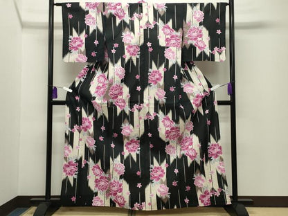 平和屋着物∴夏物 浴衣 矢羽根牡丹桜文 綿 逸品 CABG4140gh