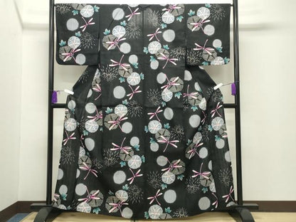 平和屋着物∴夏物　浴衣　トンボ　朝顔　黒地　綿　逸品　CABG4144gh