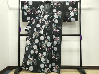 平和屋着物∴夏物　浴衣　トンボ　朝顔　黒地　綿　逸品　CABG4144gh