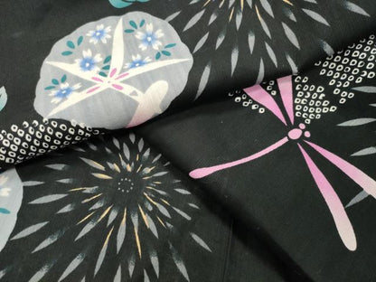 平和屋着物∴夏物　浴衣　トンボ　朝顔　黒地　綿　逸品　CABG4144gh