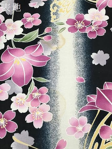 平和屋着物∴夏物　浴衣　舞蝶桜間道　黒地　綿　逸品　CABG4145gh