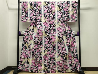 平和屋着物∴夏物　浴衣　舞蝶桜間道　黒地　綿　逸品　CABG4145gh